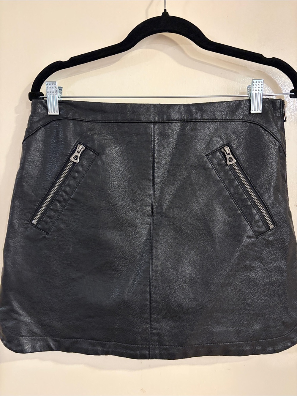 Black Leather Zip-Pocket Mini Skirt faux leather
